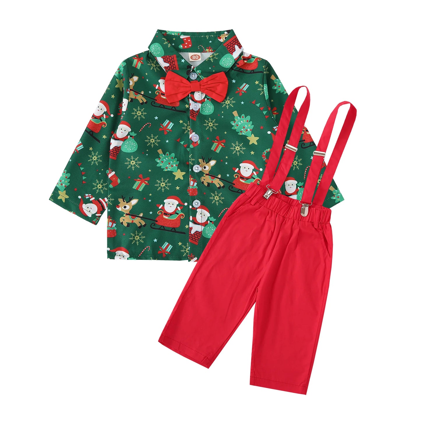 Ceeniu 1-5Y New Year Costume For Boy Christmas Outfit Santa Deer Printed Necktie Shirts and Red Pants Children Christmas Clothes