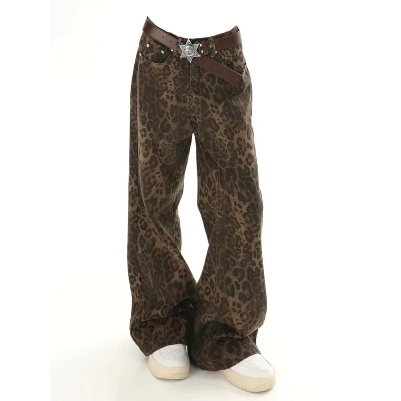 Baggy Leopard Jeans Coquette y2k clothes Women High Waisted Casual Wide Leg Denim Pants Fashion Streetwear Retro Straight Jeans