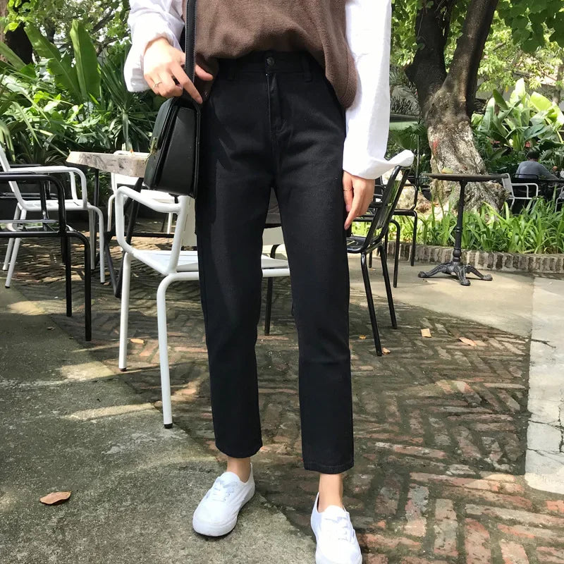 Pantalones vaqueros rectos de cintura alta, holgados, informales, de corte petite, color negro, para mujer, primavera y otoño de 2024