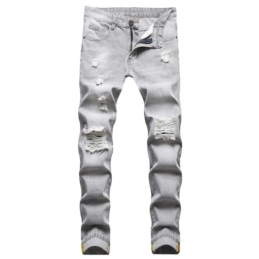 Mens Jeans Large-size Straight Light Gray Denim Trousers Spring and Autumn Full Length Male Pants Ripped Jeans