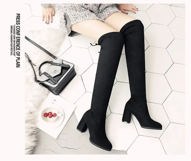 Botas largas elásticas de ante sintético para mujer, botas por encima de la rodilla, zapatos casuales negros sexis con plataforma para discoteca, botas de otoño para mujer