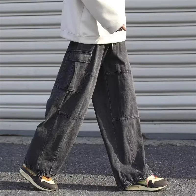 Men Denim Jeans Wide Leg Pants Cargo Long Pant Splice High Waist Loose Casual Button Pocket Straight Trousers Autumn Winter