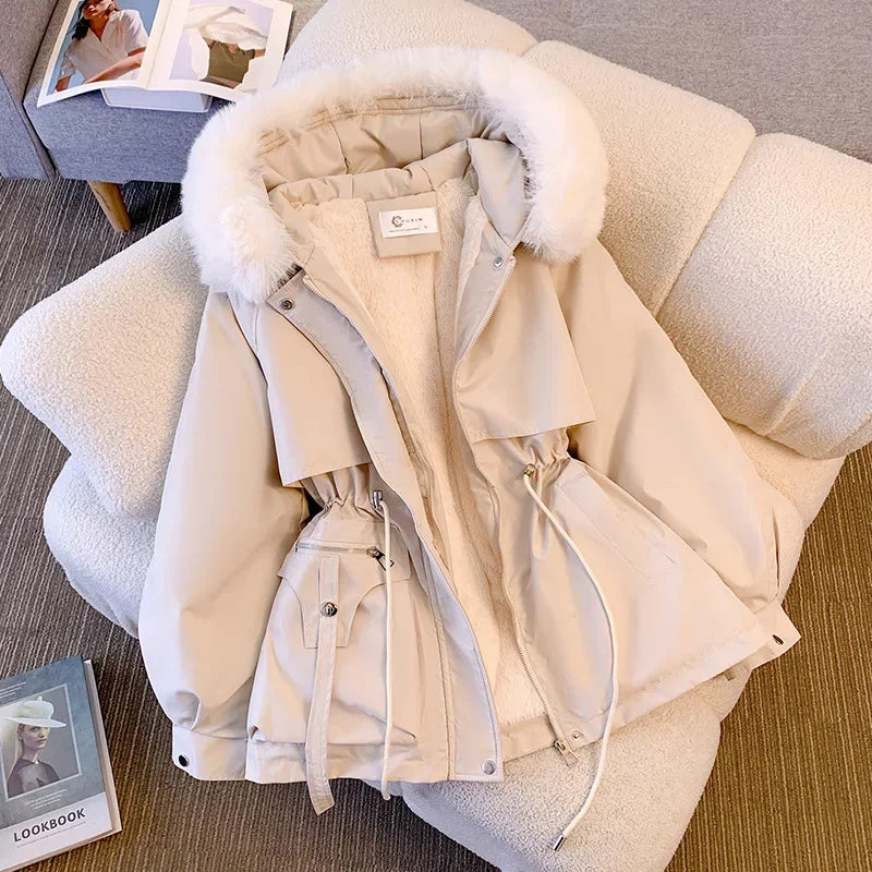 Fur Hooded Women Thick Parkas Zipper Autumn Coats Elastic Waist Midi Jackets Pockets Coats Elegant Coat Warm Winter 2024