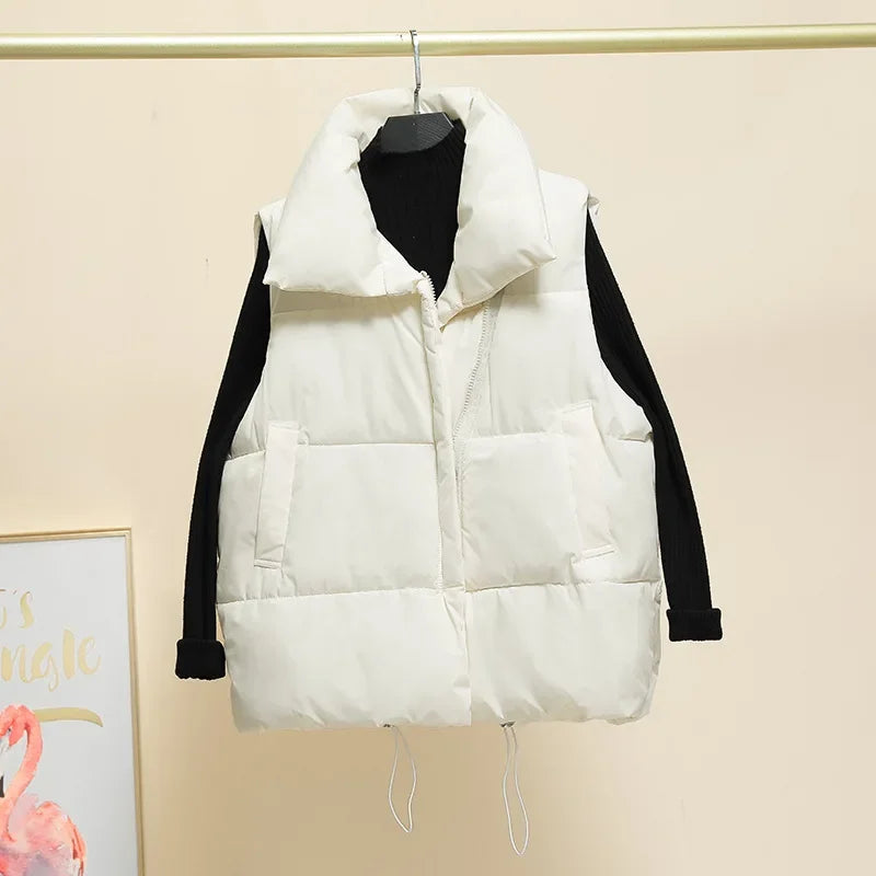 Women Vest Parkas Sleeveless Solid Jackets Zipper Splice Thick Vests Pockets Stand Collar Coats Warm Elegant Lady Parka
