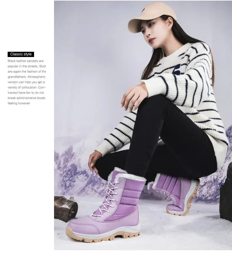 Winter Women's Waterproof High Heel Boots Strap Up Flat Heel Boots Warm Snow Shoes, Plush Outdoor Fashion Casual Boots