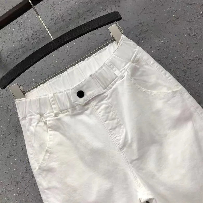 2025 Fashion Summer Women Harem Pants All-matched Casual Cotton Denim Pants Elastic Waist Solid Yellow White Jeans Female 3XL