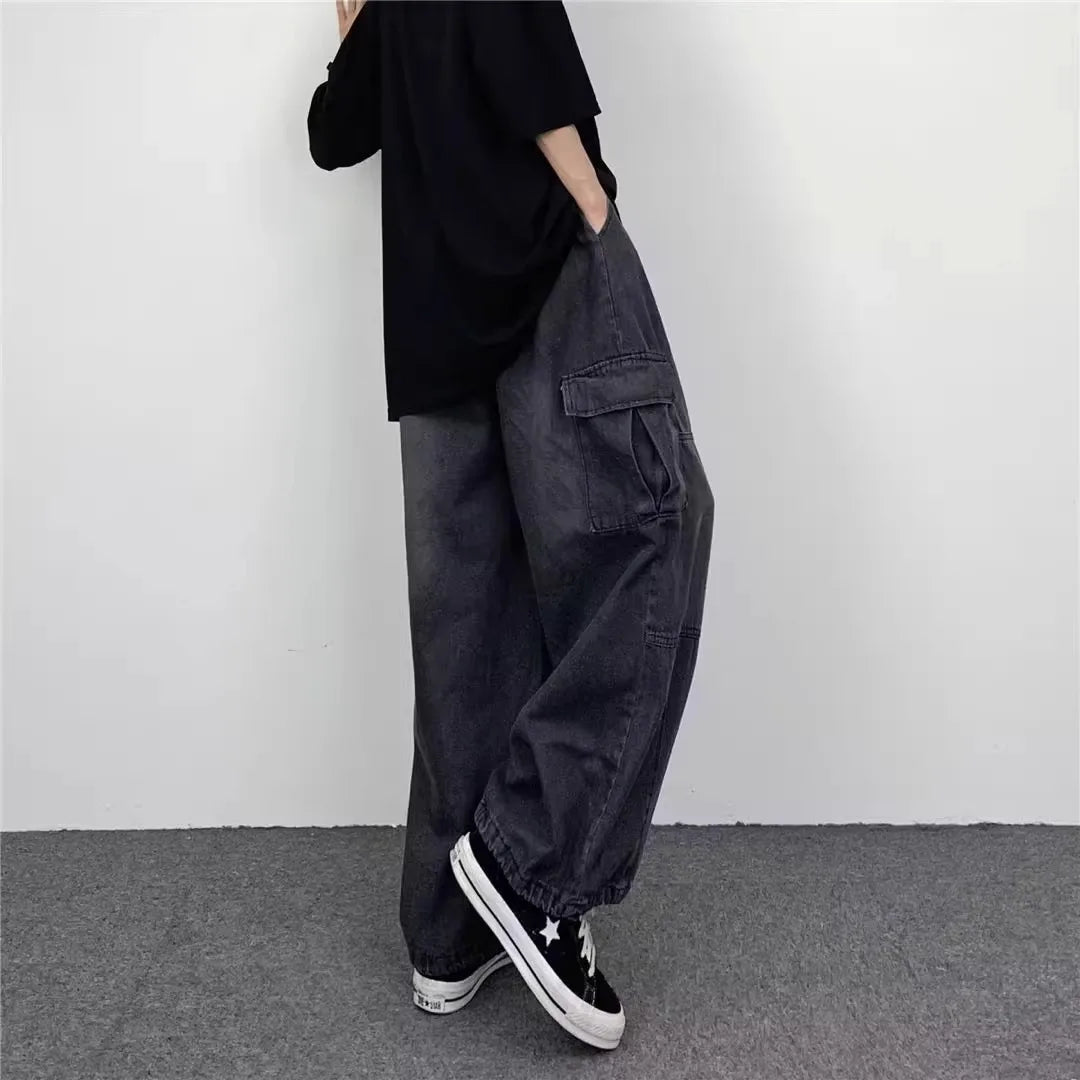 Men Denim Jeans Wide Leg Pants Cargo Long Pant Splice High Waist Loose Casual Button Pocket Straight Trousers Autumn Winter