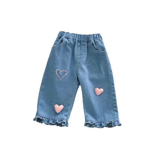 2025 New Spring Korean Style Girls Jeans with Heart Decor Ruffled Hem for 0 - 5 Years Old Elastic Waist Girl Denim Pants