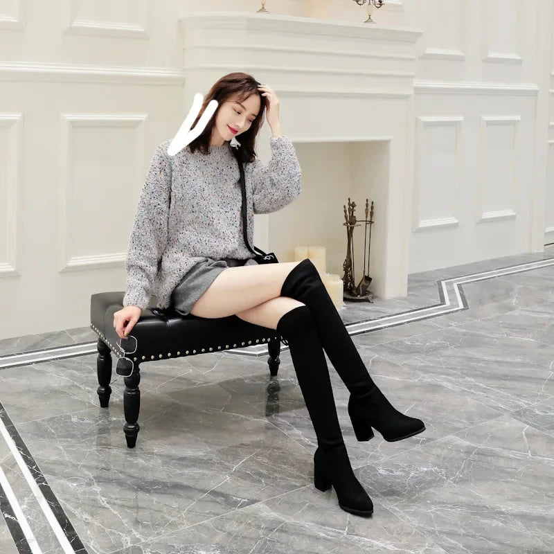 Botas largas elásticas de ante sintético para mujer, botas por encima de la rodilla, zapatos casuales negros sexis con plataforma para discoteca, botas de otoño para mujer