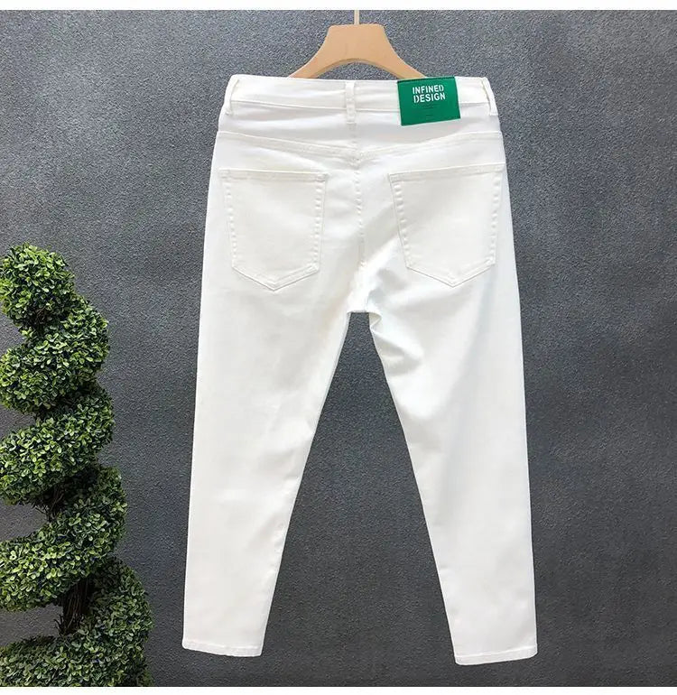 Fashion Luxury Designer Men's White Black Jeans Slim Fit Korean Style Stretch Denim Pants for Summer  Stretch  Skinny Jeans Male