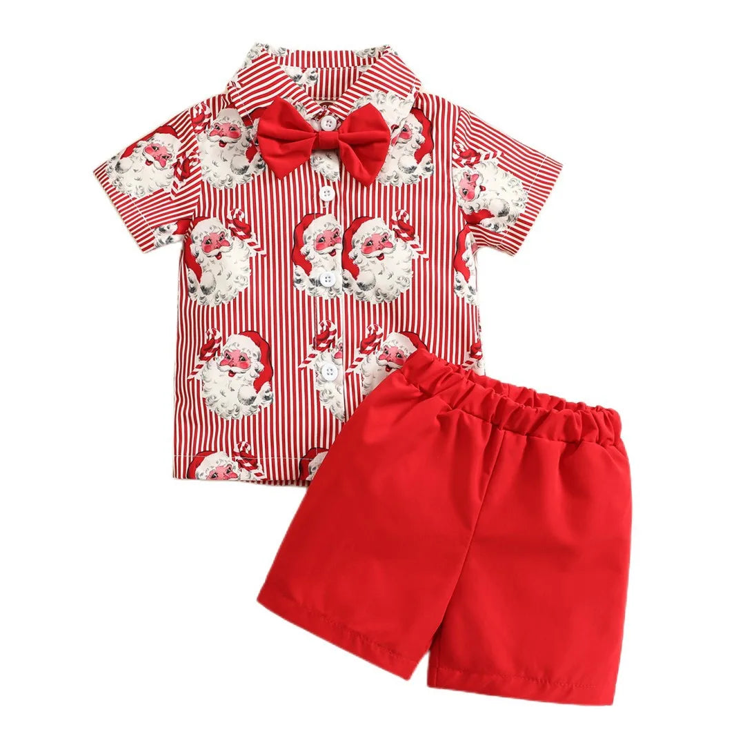 Ceeniu 1-5Y New Year Costume For Boy Christmas Outfit Santa Deer Printed Necktie Shirts and Red Pants Children Christmas Clothes