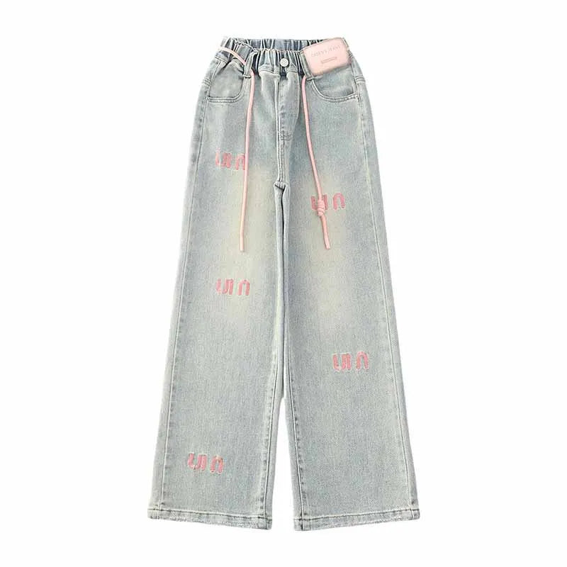 Pantalones vaqueros con letras para niñas, pantalón holgado e informal, elástico, recto, para primavera y otoño, de 2 a 12 años