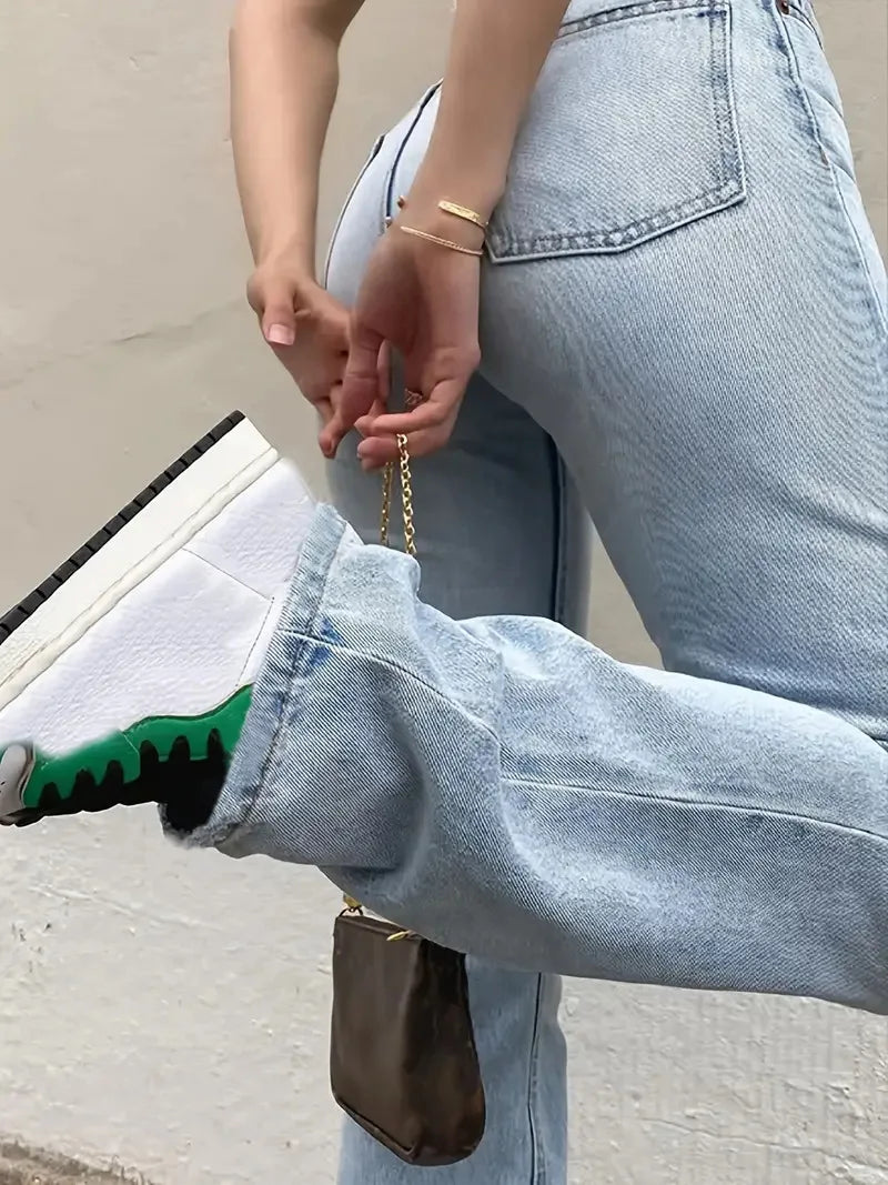 Pantalones vaqueros lavados para mujer, rectos, con bolsillos, cintura alta, hasta el tobillo, holgados, desgastados, lisos, informales, básicos, vintage, 2024