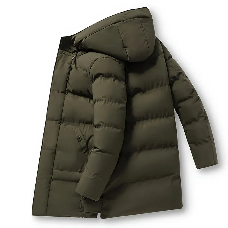 2024 Warm Hooded Mid-length Jacket Mens Casual Zip Up Cotton Padded Jacket Overcoat Autumn Winter Windbreaker Coats Men Clothing