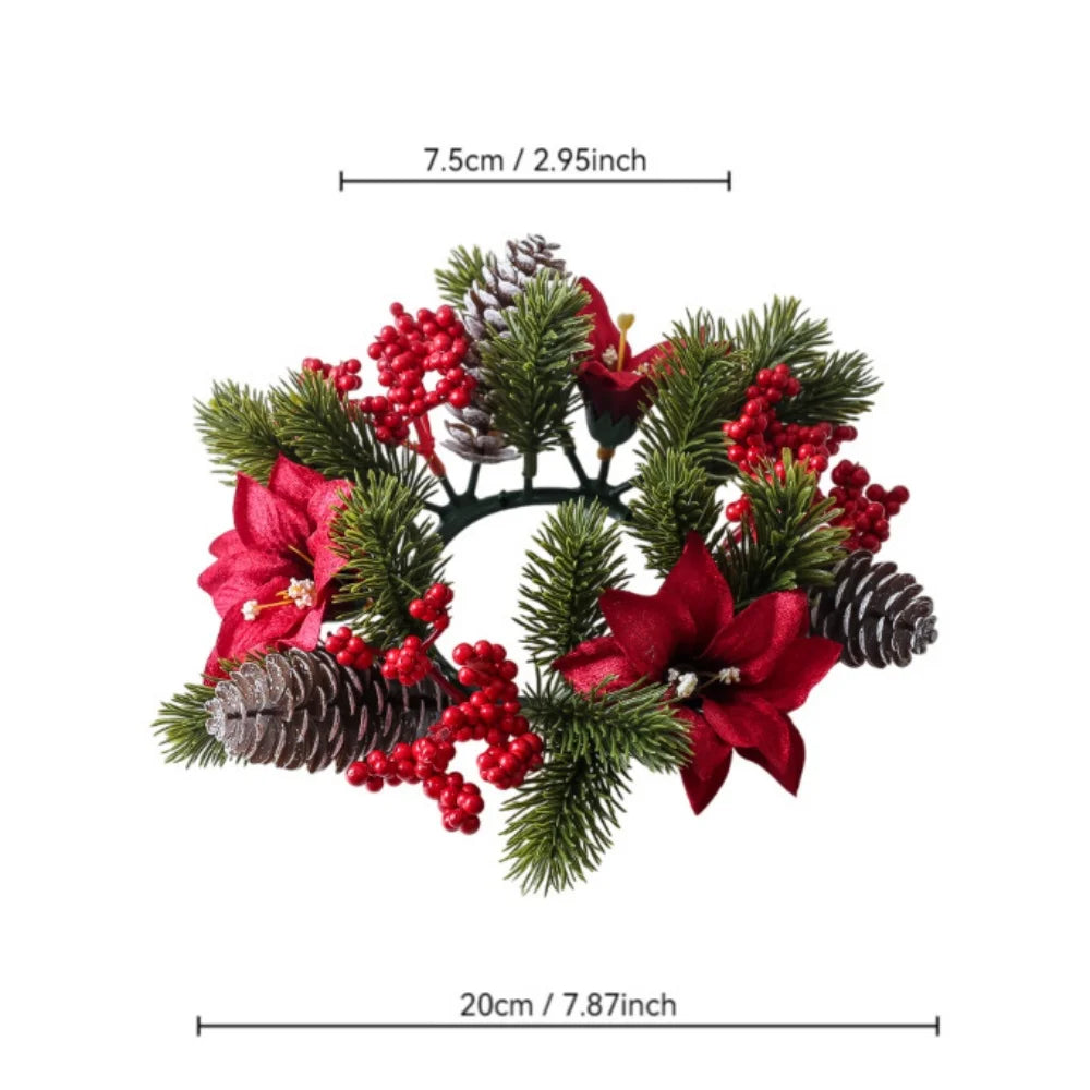 Christmas Wreath Artificial Berries Pinecone Pine Candlestick Wreaths Garland Candle Ring Table Home Party Decoration