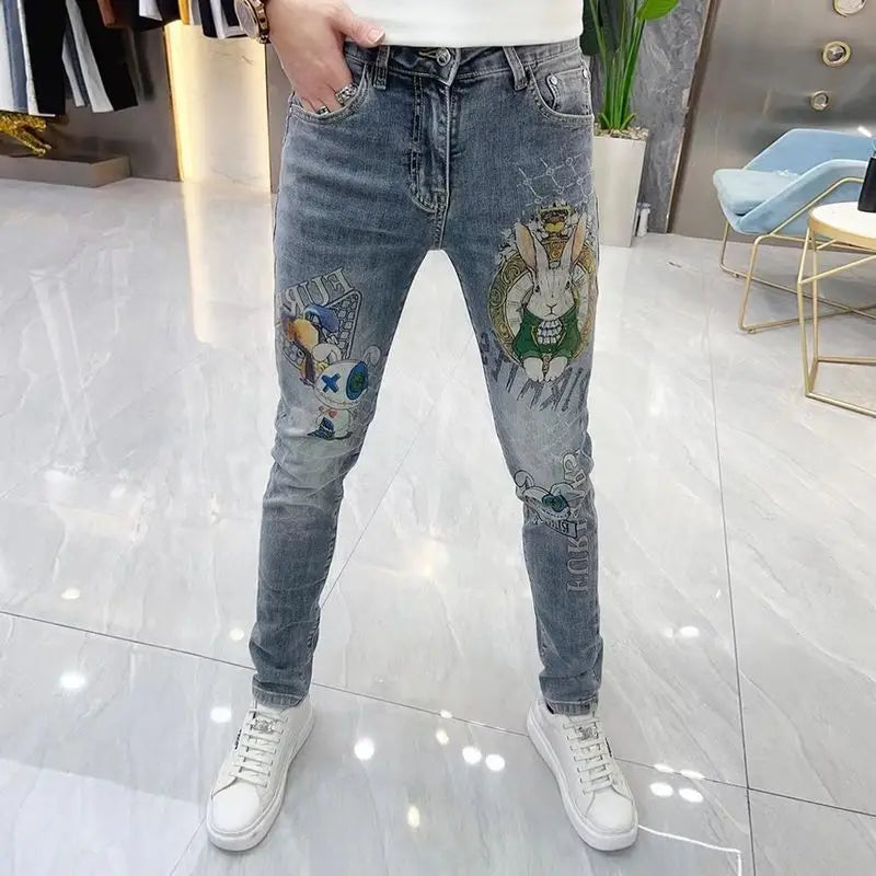High-end European Korean Men's Slim Fit Jeans with Tiger Diamond Print for Casual Wear Spring Autumn Stretch Luxury Clothing Men