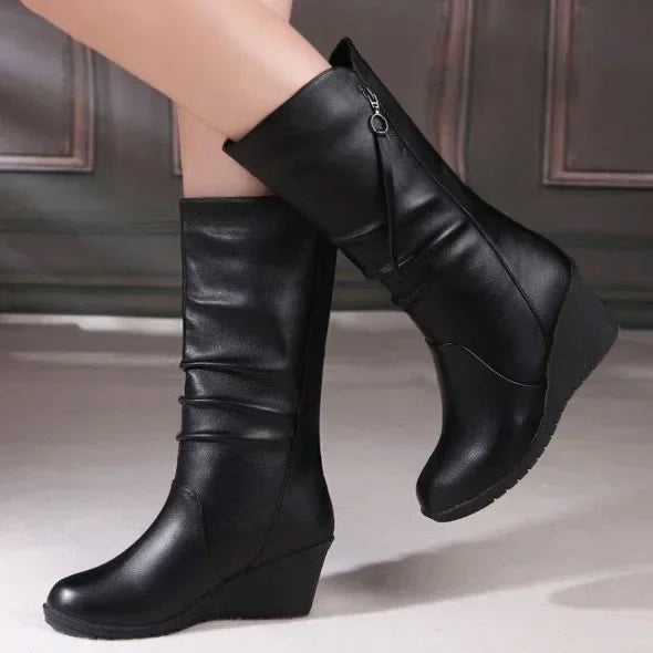 Winter Women's Boots Plush Warm Snow Boots Fashion Mid-calf High Heel Boots for Women High-quality Leather Boot Botas Mujer