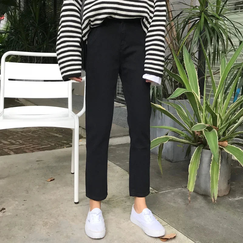 Pantalones vaqueros rectos de cintura alta, holgados, informales, de corte petite, color negro, para mujer, primavera y otoño de 2024
