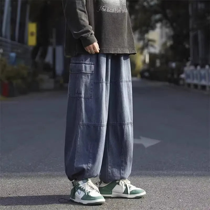 Men Denim Jeans Wide Leg Pants Cargo Long Pant Splice High Waist Loose Casual Button Pocket Straight Trousers Autumn Winter