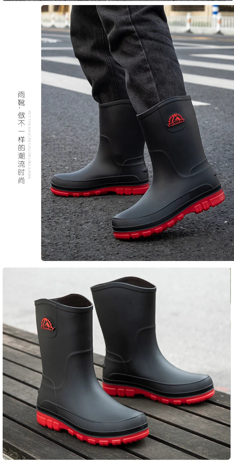 Bottes de pluie décontractées pour hommes, imperméables et antidérapantes, tige mi-haute, chaussures de travail tendance en caoutchouc (prendre une pointure au-dessus pour les modèles en coton)