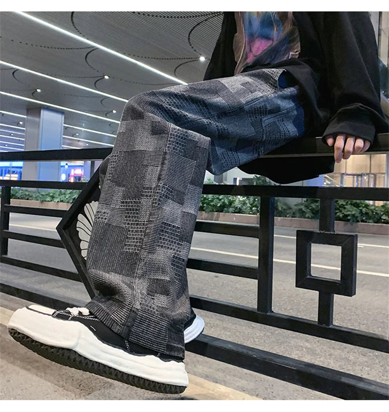 Autumn Blue Black Plaid Jeans For Men Y2K Vintage Wide-leg Jean High Street Loose Straight Denim Trousers Hip Hop Pantalones