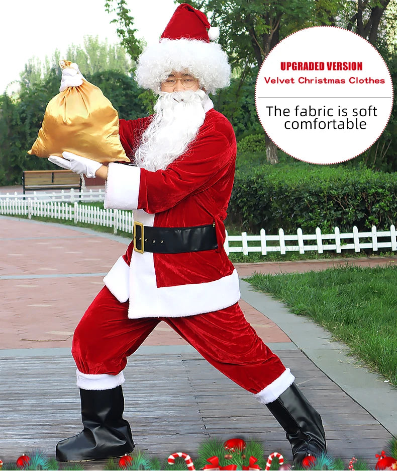 Ensemble Père Noël en velours doré, vêtements chauds de Noël pour hommes, costume de cosplay pour adultes