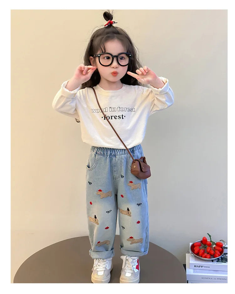 2025 New Girls Jeans Loose Straight Leg Pants for Toddler Baby Casual Wear Spring Autumn