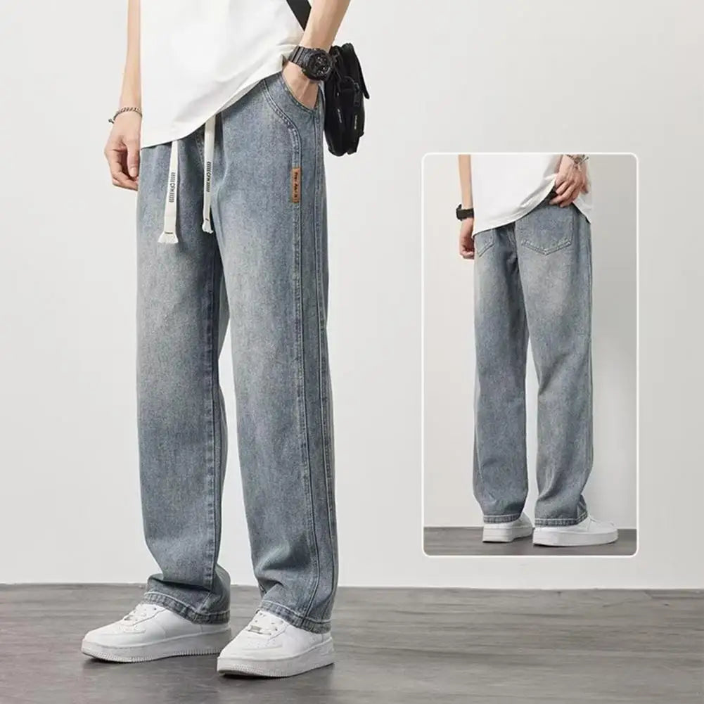 Men Elasticated Waist Jeans Men's Elastic Waist Drawstring Denim Pants Casual Straight Leg Jeans with for Summer for Comfort