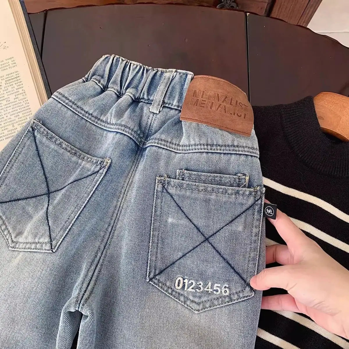 New Boys' All in One Fleece Jeans Autumn and Winter Children's Stylish Warm Pants Kids Handsome Elastic Trousers