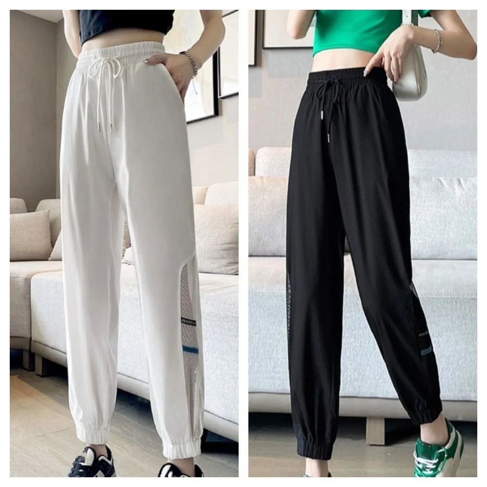 Fashion Straight Casual Drawstring Pants Streetwear Quick Dry Wide Leg Loose Pants Mesh Hollow Mesh Sweat Pants Women Sports
