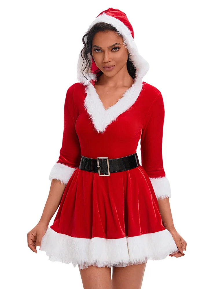 Nouvelle tenue tendance pour femme, manches courtes, unie, déguisement de Père Noël, thème Noël, avec ceinture et robe fantaisie.