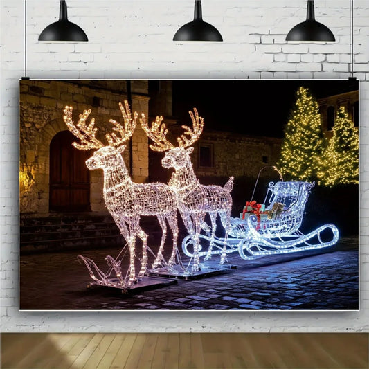 Christmas Reindeer Sleigh Painting Banner Night Elk Lights Christmas Party Photo Home Decoration Photography Background Studio