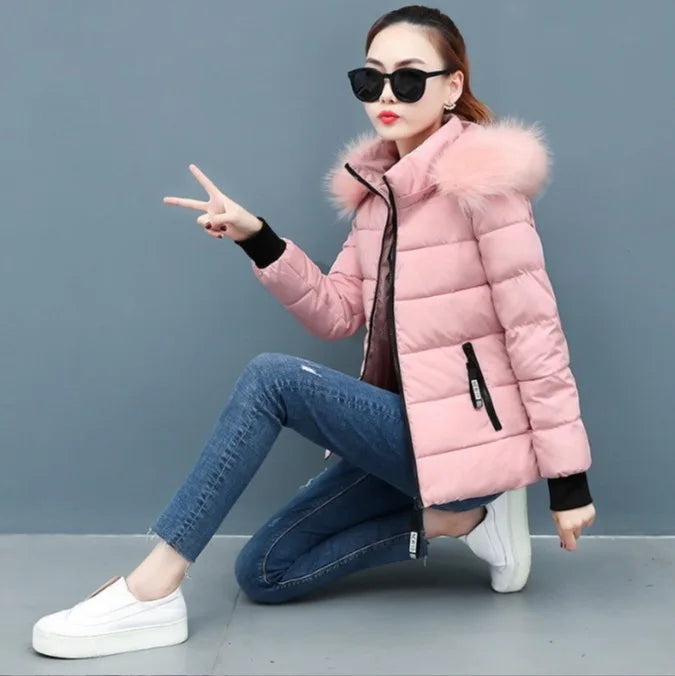 Solid Color Detachable Hooded Hair Collar Slim-fit Cotton-padded Jacket, Women's Winter New Warm Casual Stand Collar Padded Coat