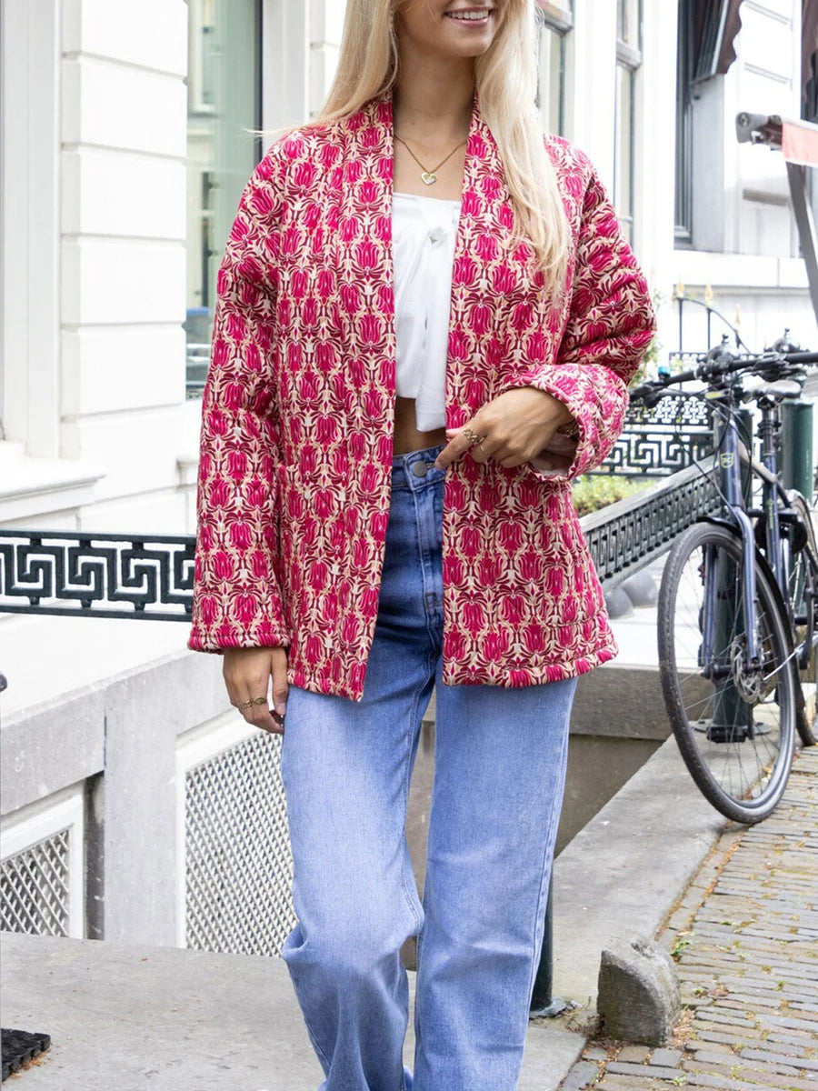 2024 New Fashion Women Winter Padded Jacket Vintage Print Open Front Quilted Long Sleeve Coat Cardigan