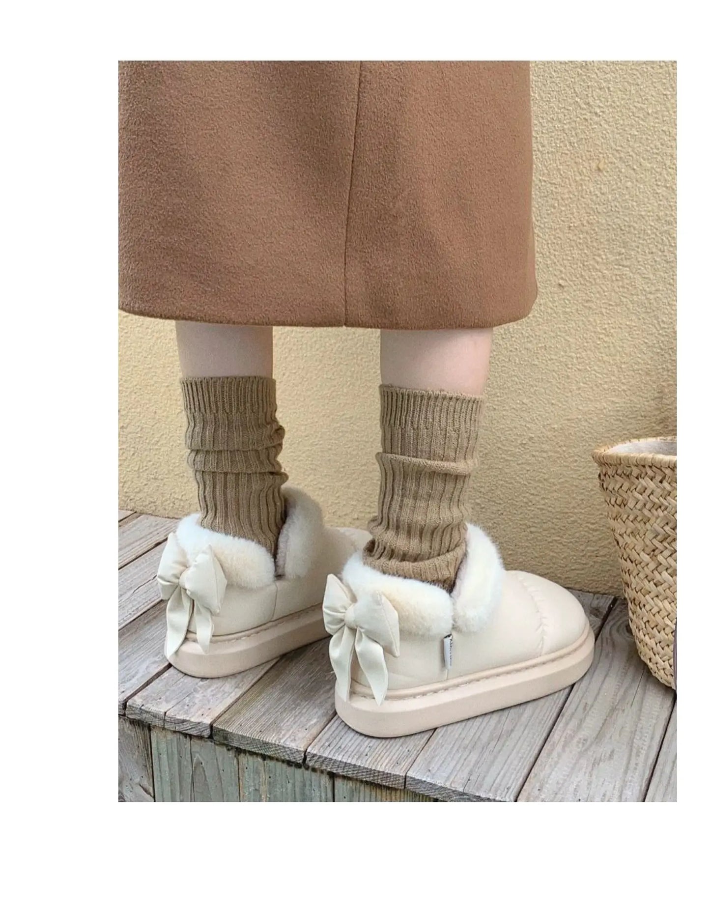 Bow Knot Short Ankle Snow Boots Women Winter Plush And Thick Insulation Waterproof PU Cotton Household Shoes Home Slipper Women