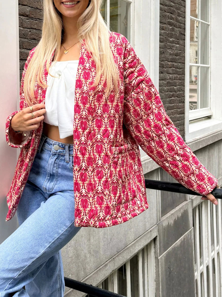 2024 New Fashion Women Winter Padded Jacket Vintage Print Open Front Quilted Long Sleeve Coat Cardigan