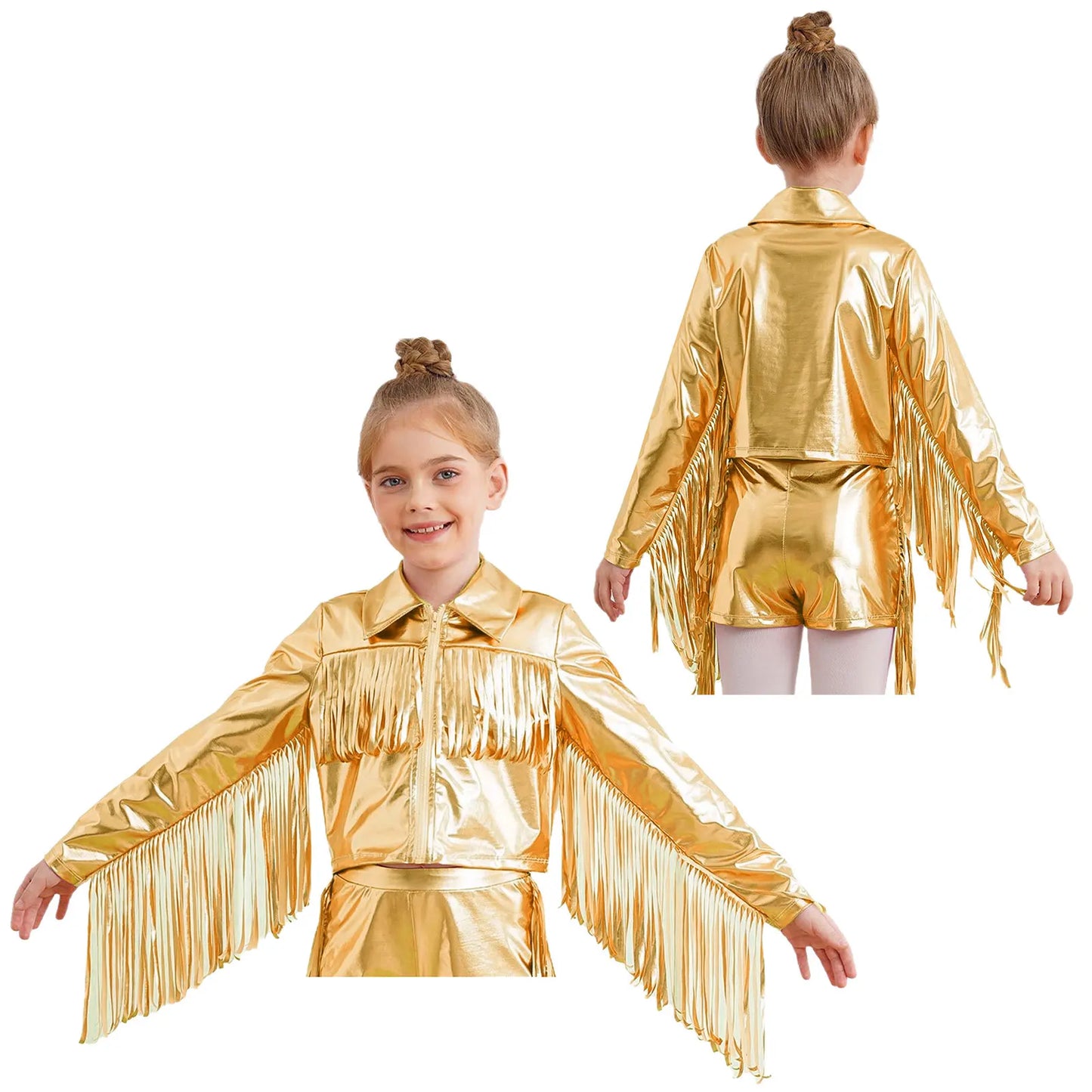 Kids Girls Tassels Metallic Jacket Top Fringe Shiny Turn-Down Collar Long Sleeve Zipper Jacket Coat for Hip Hop Street Dance