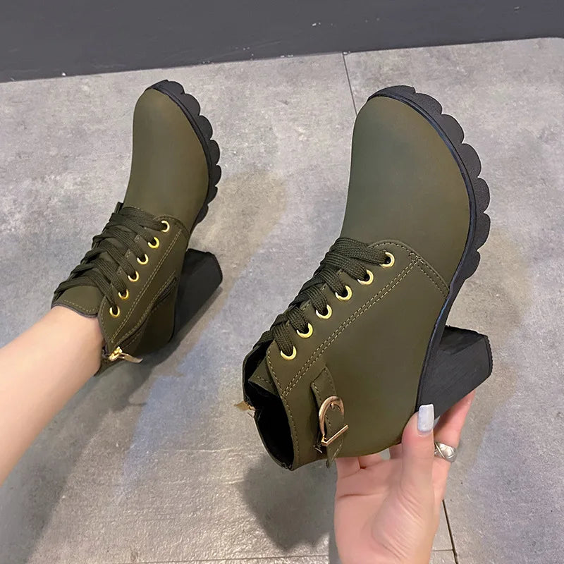 Women Boots Lace Up Ankle Boots Spring Fashion Outdoor Pumps Boots Black Buckle High Heel Boot Plus Size Platform Women Shoes