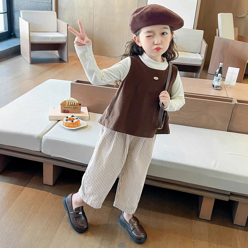 Girls Autumn Spring Clothing Set Fashion Children's Bow Tie Vest + Undershirt + Wide-Leg Pants Three-Piece Set 2025 New