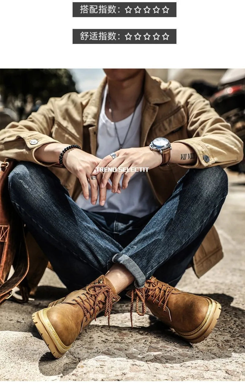 Botines de verano para hombre, cómodos botines de plataforma de cuero, botas de trabajo antideslizantes para hombre, botas altas de motociclista