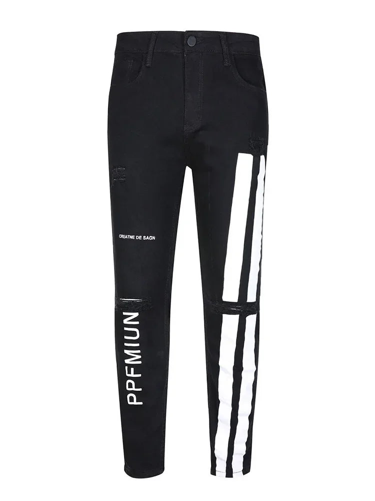 Pantalones vaqueros con estampado de rayas para hombre, de algodón elástico, rotos, ajustados, de alta calidad, estilo hip hop, con agujeros negros, ajustados, de gran tamaño.