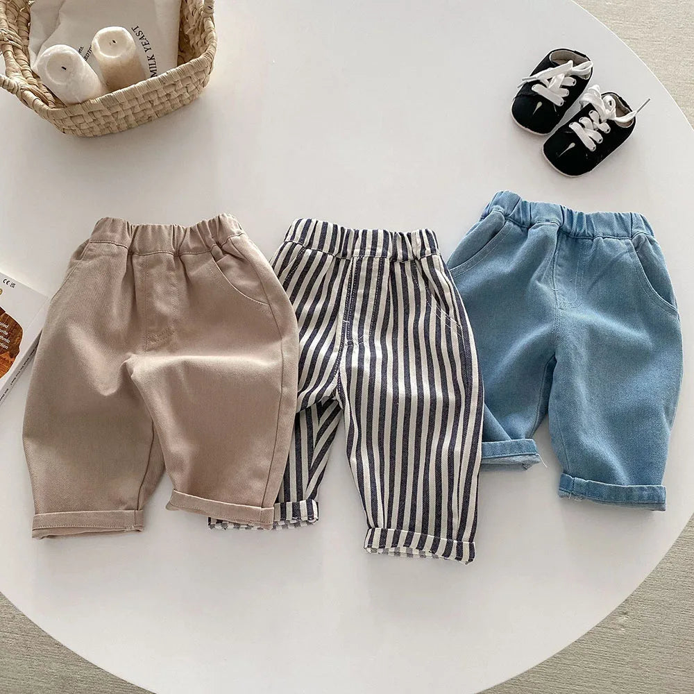 1-5Y Kid's Jeans Loose Solid Boys Denim Pants Patchwork Pocket Girls Straight Trousers Casual Kids Outdoor Pants