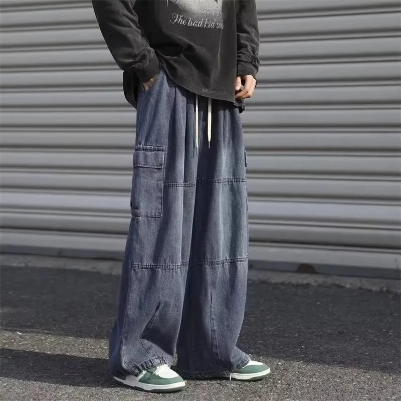 Men Denim Jeans Wide Leg Pants Cargo Long Pant Splice High Waist Loose Casual Button Pocket Straight Trousers Autumn Winter