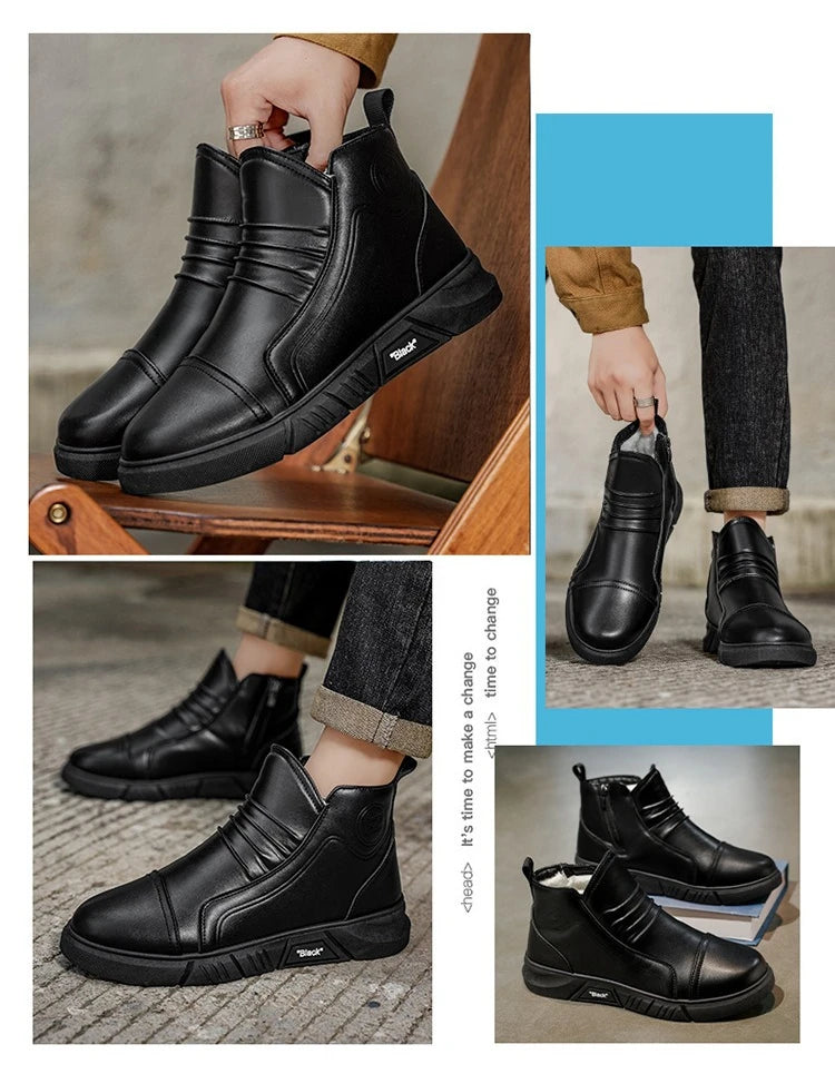 Winter New Fashion Men's Boots Thick Plush Ankle Boots with Thick Soles Black Business Comfortable Leather Shoes tenis masculino