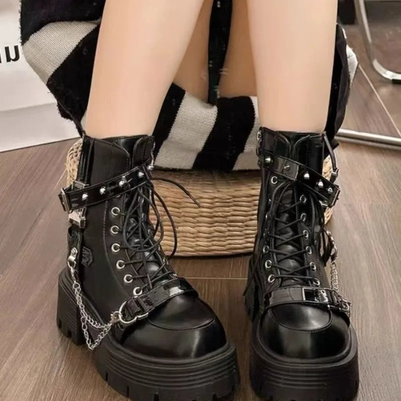 Botas de tobillo para mujer, botas de plataforma góticas de moda, botas cortas británicas, botas de moto para mujer, botas punk con remaches de diseñador, botas