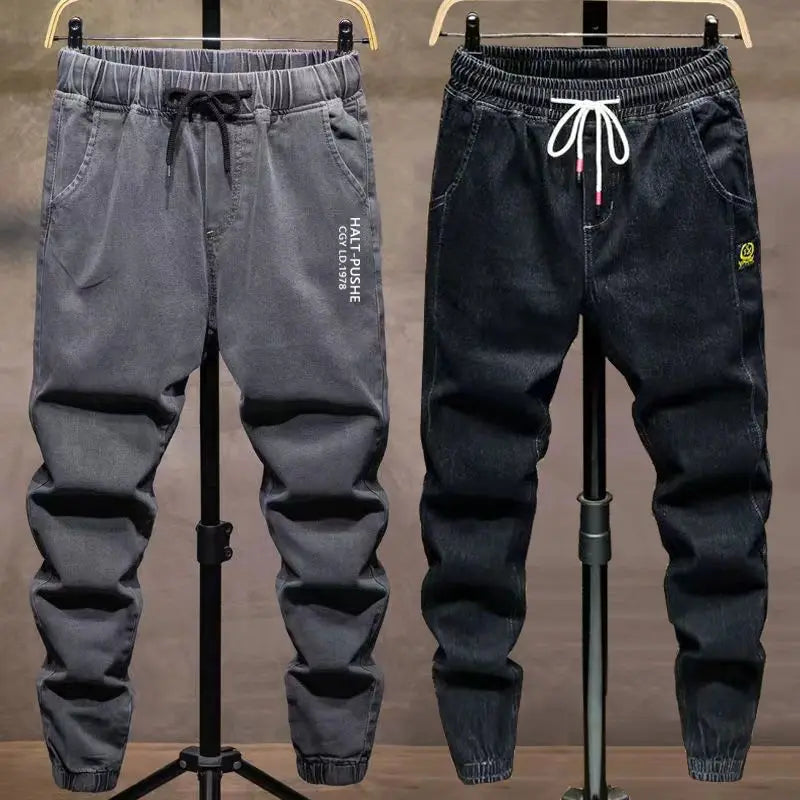 Pantalones vaqueros de mezclilla con cordón ajustable para hombre, versátiles, de moda para otoño, con cintura elástica, estilo harén, informales, para exteriores, 2022