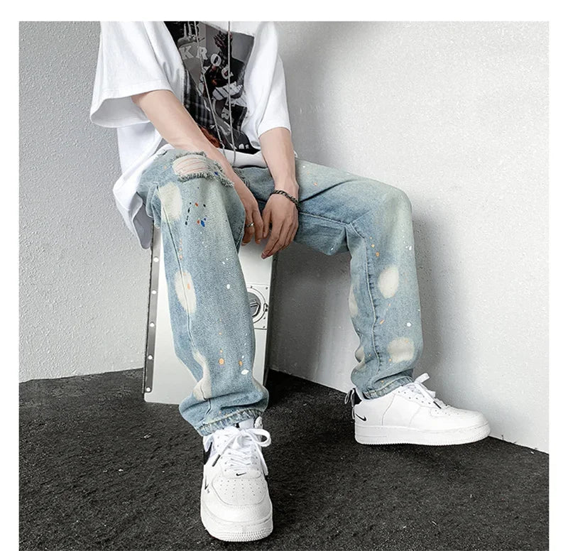 Men's Splashing ink Ripped Baggy Jeans 2024 New Hip Hop Fashion Graffiti Holed Straight-leg Denim Pants Y2k Streetwear Jean