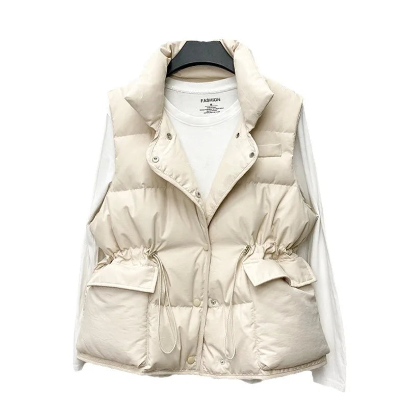 Parkas Women Vest Coats Thick Warm Sleeveless Turn Down Collar Drawstring Tight Waist Coat Single Breasted Autumn Winter
