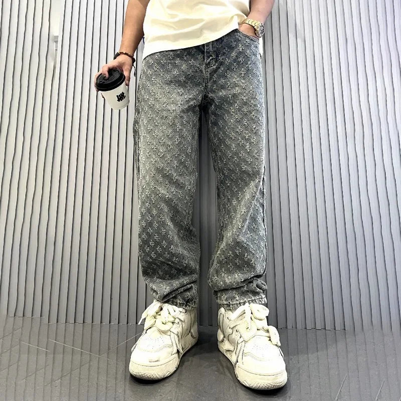 Pantalones vaqueros con estampado jacquard para hombre, rectos, holgados, desgastados y anchos.