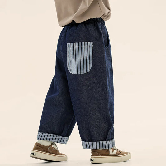 Ropa de diario de primavera para niños de 2 a 7 años, pantalones vaqueros a rayas con bolsillos y retazos, estilo coreano, con reborde, a la moda.